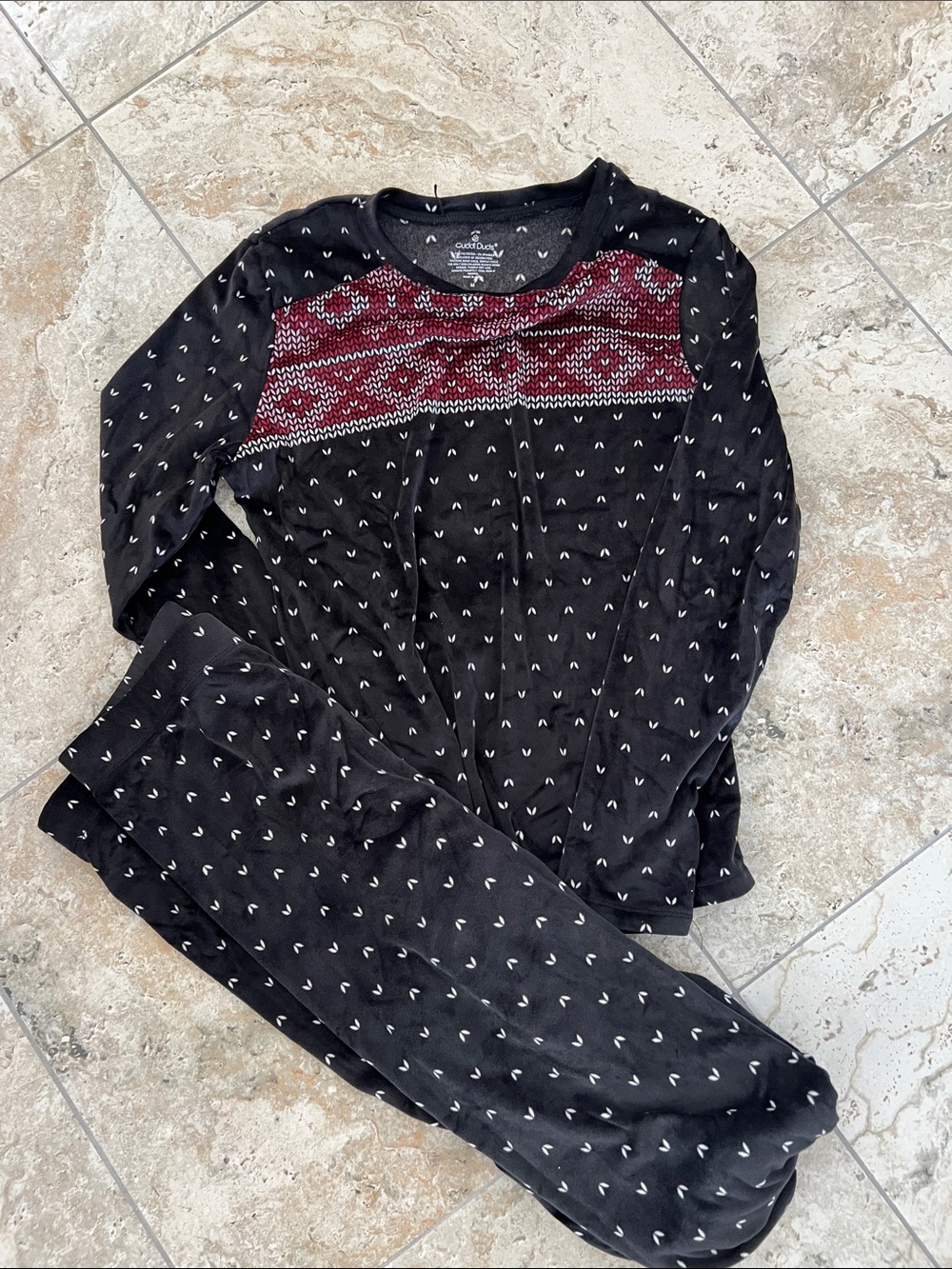 Cuddl Duds Black Top with Red and Cream Fair Isle Yoke